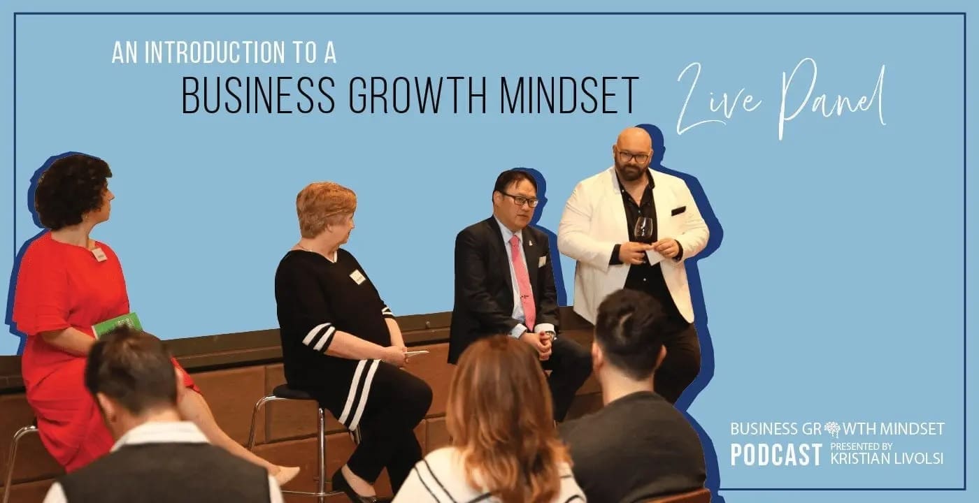 Kristian Livolsi hosting an introduction business growth mindset live panel discussion with a group of diverse professional speakers.