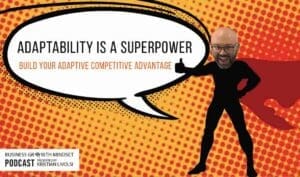 A comic-style graphic of Kristian Livolsi as a superhero, representing adaptability as a competitive advantage for the Business Growth Mindset Podcast.