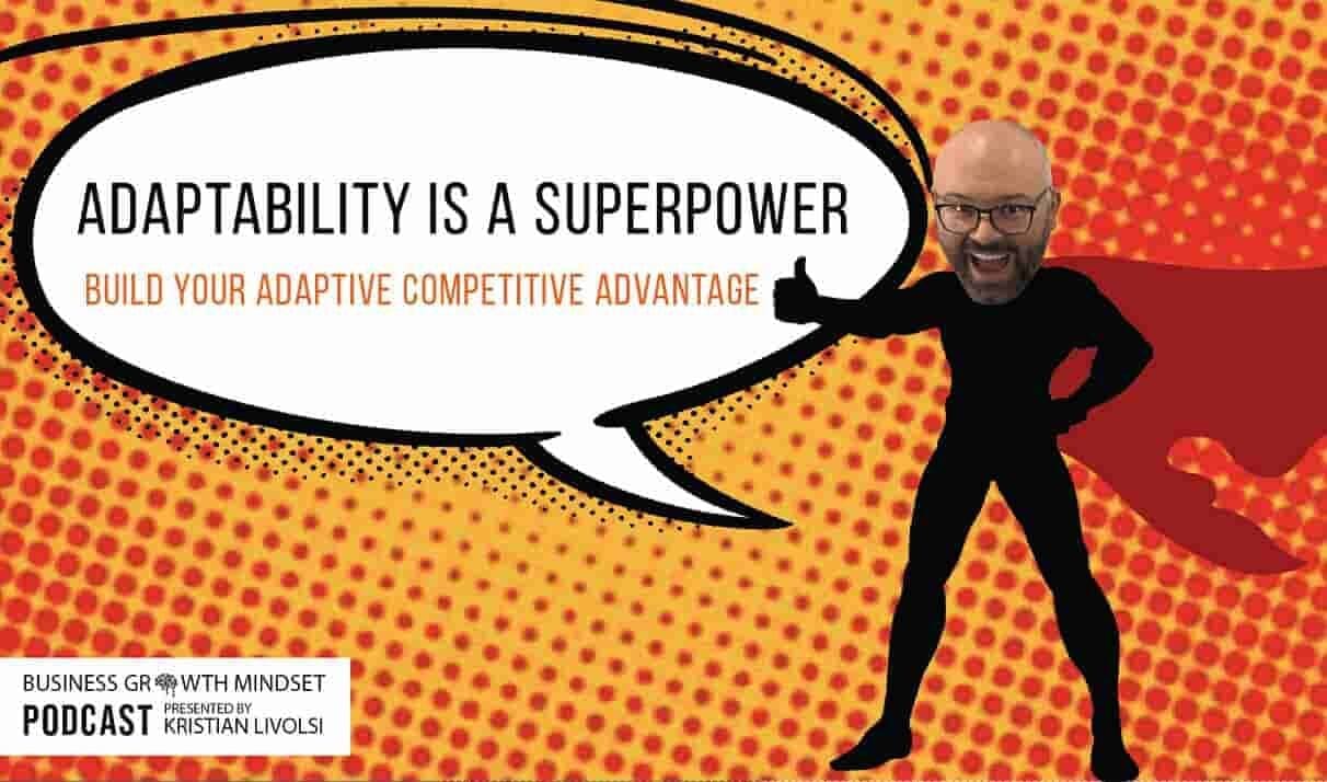 A comic-style graphic of Kristian Livolsi as a superhero, representing adaptability as a competitive advantage for the Business Growth Mindset Podcast.