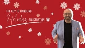 Kristian Livolsi on the Business Growth Mindset Podcast sharing strategies for handling holiday frustration against a red background with snowflakes.