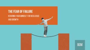 Fear of Failure infographic showing a professional man balancing on a tightrope over a canyon.